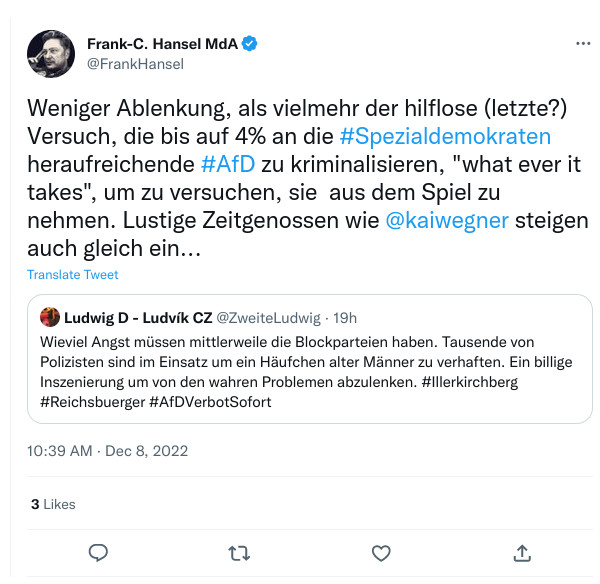 Frank-Christian Hansel (Mitglied der AfD-Fraktion im Abgeordnetenhaus) äußert sich auf Twitter zur Razzia am 07.12.2022